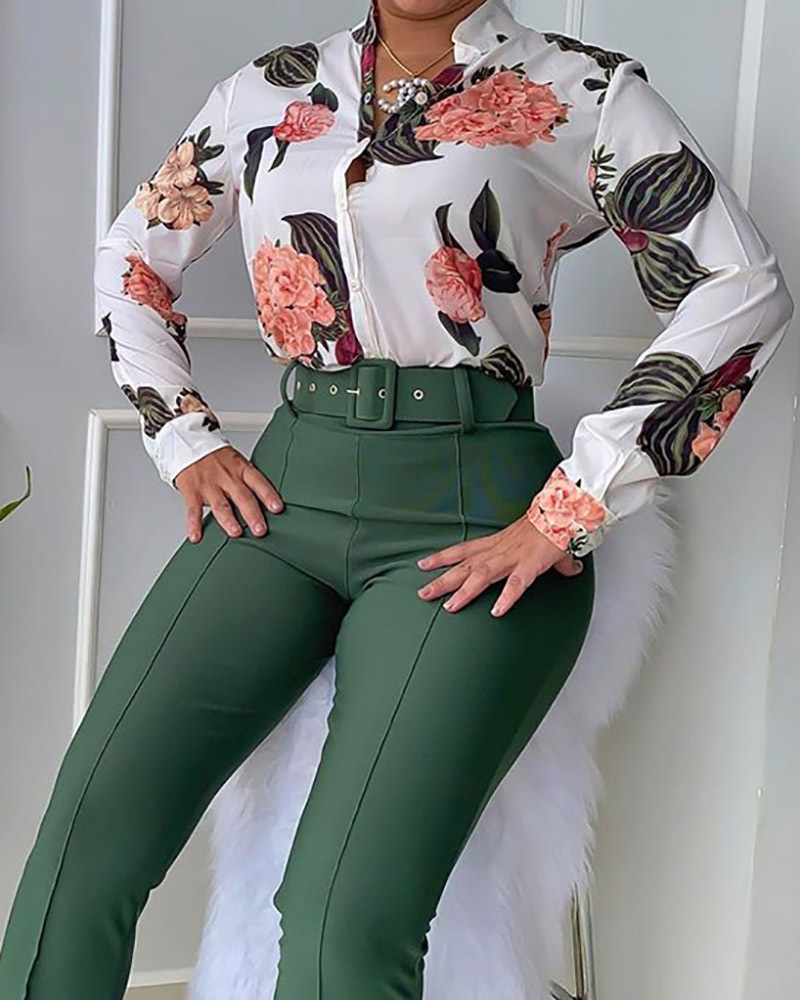 Printed Stand-Up Collar Shirt & Wide Leg Pants 2 Piece Set NSXPF103330