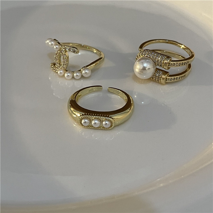 Retro Round Copper Plating Inlay Opal Pearl Zircon Rings 1 Piece