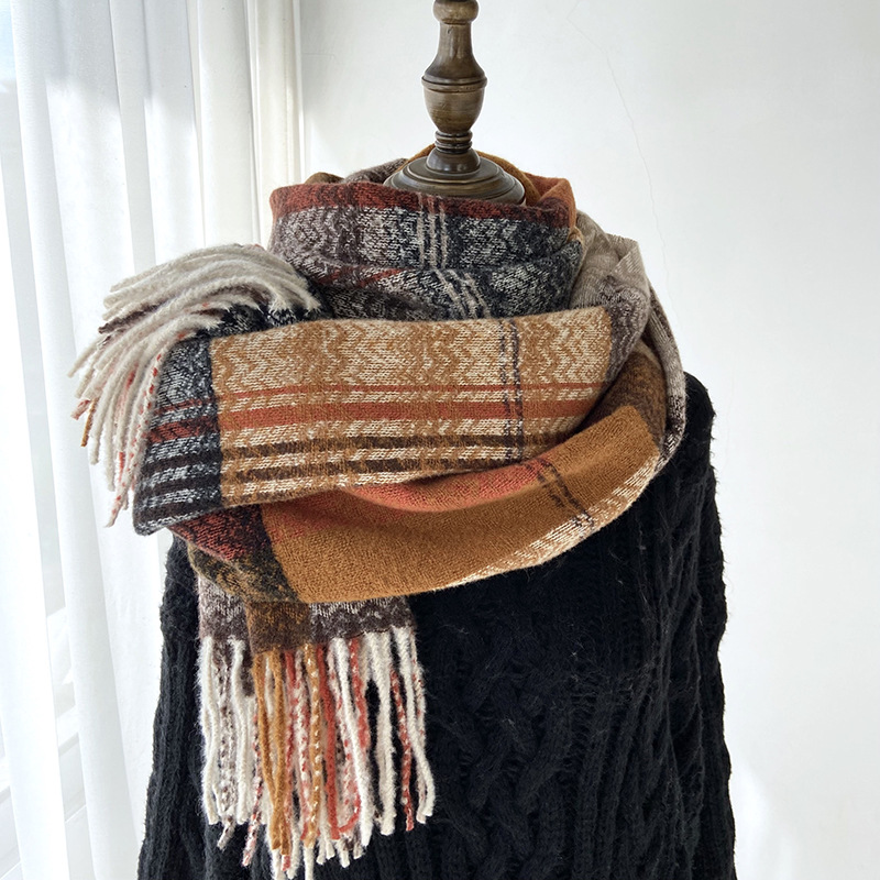 Scarf women's autumn and winter cross-border high-level sense cashmere plaid tassel shawl students thick warm scarf wholesale
