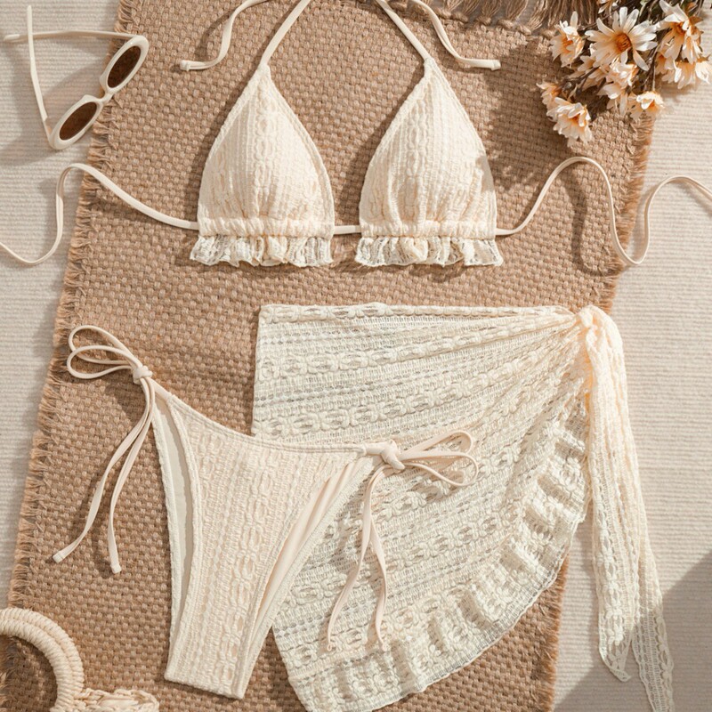 European and American New Sexy Bikini Three-Piece Gauze Skirt Swimsuit Bikini Halterneck Pure Color Swimsuit Hot Style Amazon European and American New Sexy Bikini Three-Piece Gauze Skirt Swimsuit Bikini Halterneck Pure Color Swimsuit Hot Style Amazon