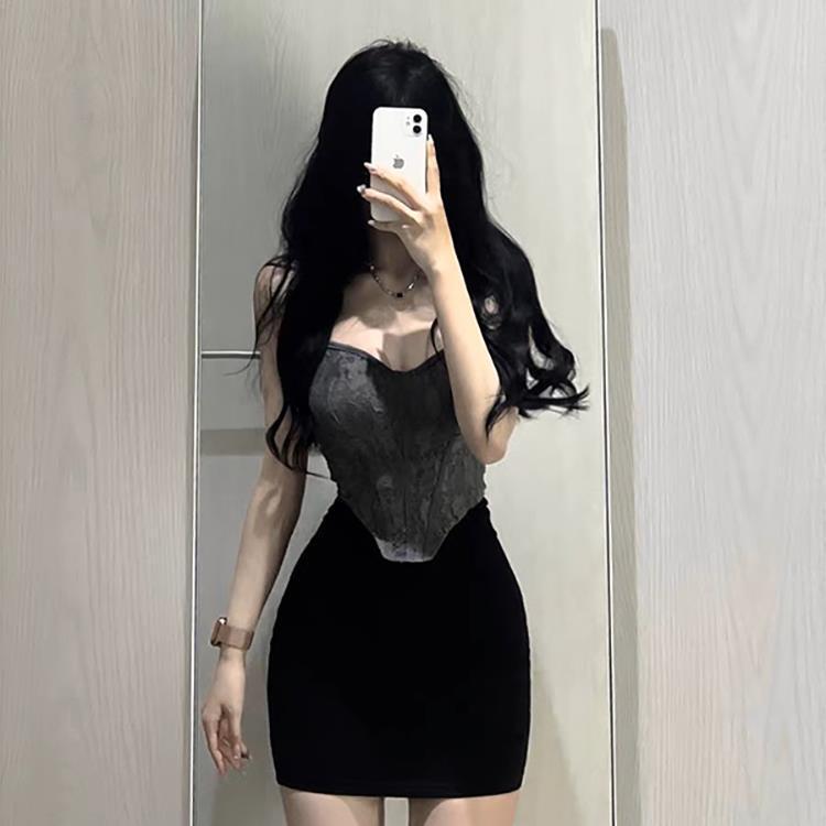 American Sexy Sexy Waist-Revealing Backless Pure Lust Lace Strap Camisole High-Waist Slimming Look Arm-Covering Short Skirt Suit