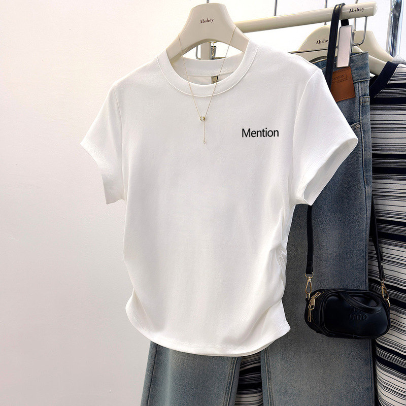 Pleated Straight-Shoulder Short-Sleeve T-Shirt for Women, 2026 Summer New Style, Irregular Waist-Cinching, Slimming Letter Print Round-Neck Sleeveless Top Pleated Straight-Shoulder Short-Sleeve T-Shirt for Women, 2026 Summer New Style, Irregular Waist-Cinching, Slimming Letter Print Round-Neck Sleeveless Top