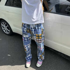 美式复古彩色格子拼接休闲裤男女潮流宽松休闲百搭直筒痞帅运动裤