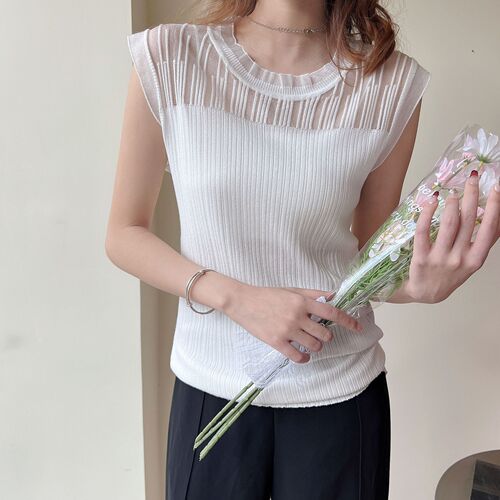 Women's 2025 Ice Silk Knit V-Neck Bodysuit with Bamboo Edge Lace Sleeveless Top, Hollow Out Outerwear Base Layer Top