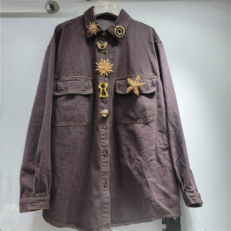 2026 Spring New Style Lapel Metal Buckle Design Oversized Long-Sleeve Denim Shirt for Women Loose Top Trendy 2026 Spring New Style Lapel Metal Buckle Design Oversized Long-Sleeve Denim Shirt for Women Loose Top Trendy