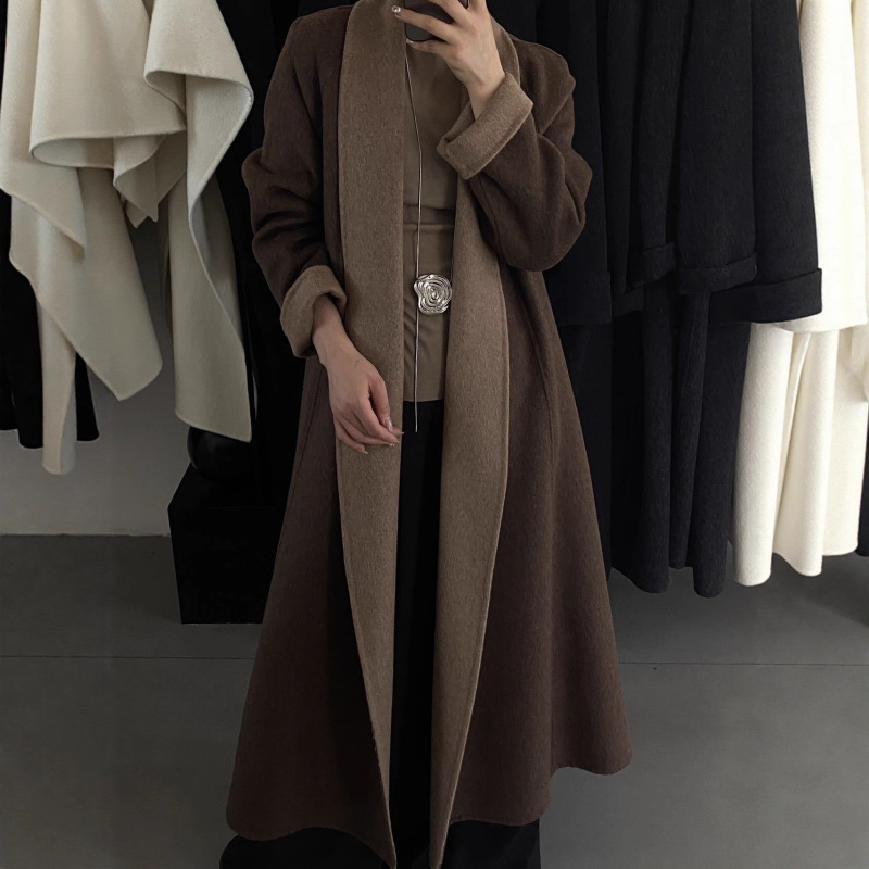 Two-Color Cardigan 2025 Autumn and Winter New Cashmere Coat Korean Style Loose Casual Buttonless Belt Mid-Length Woolen Outerwear Two-Color Cardigan 2025 Autumn and Winter New Cashmere Coat Korean Style Loose Casual Buttonless Belt Mid-Length Woolen Outerwear