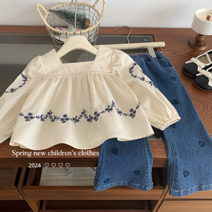 Girls' Casual Suit 2025 Spring New Korean Style Girls' Embroidered Doll Shirt Heart Jeans Two-Piece Set Trendy