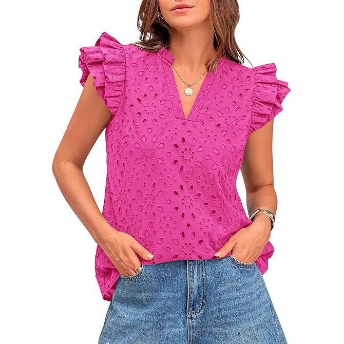 2025 Amazon Women's Summer Eyelet Top Fashion Casual V-neck Pleated Cap Sleeve Lace Embroidered Shirt