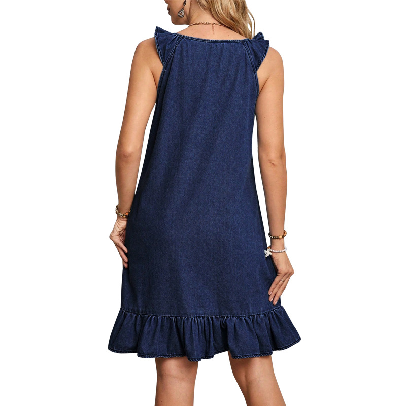 Women's Denim Dress round Neck Sleeveless Pleated Hem Skirt 218586 Cross Border Style Factory Direct Sales Summer Regular Size_ecoleips.com