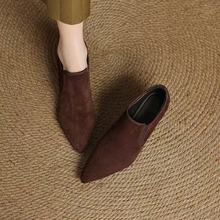 品牌2025春秋新款全羊皮复古深口单鞋女尖头磨砂中跟真皮软底女鞋