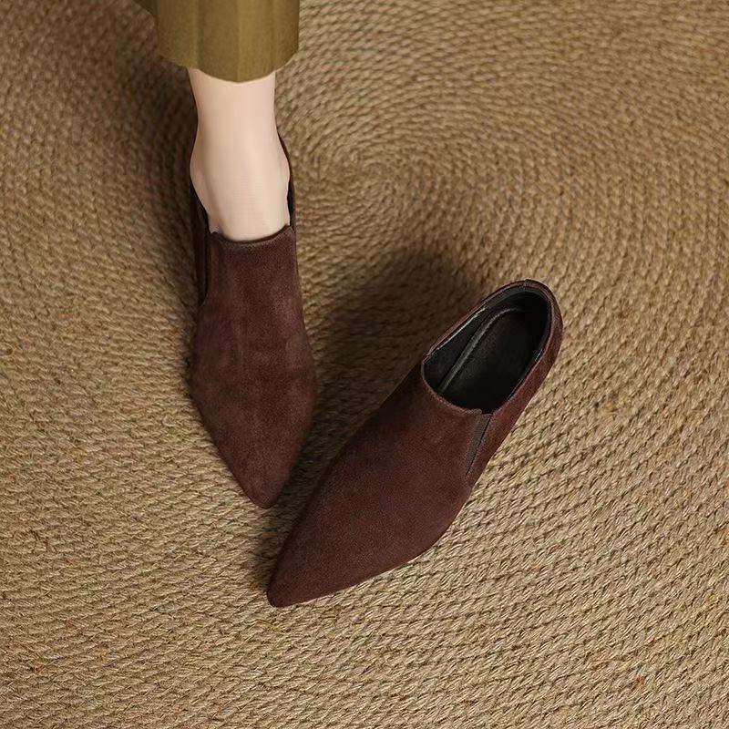 品牌2025春秋新款全羊皮复古深口单鞋女尖头磨砂中跟真皮软底女鞋