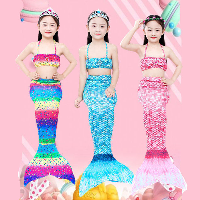 儿童美人鱼套装夏季游泳衣三件套 女孩人鱼公主裙彩色美人鱼尾巴|ru