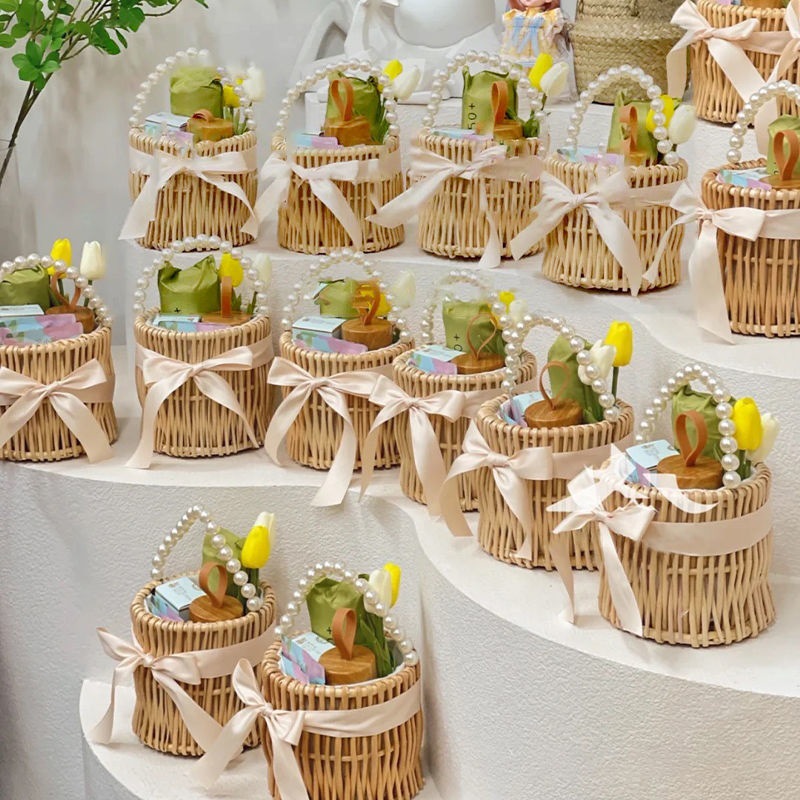 亞克力珍珠編織手提伴手禮提籃滿月結婚活動小禮品盒竹編女包包