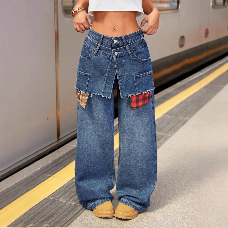 Cross-Border Selection of Amazon's New American Street Fashion Versatile Patchwork Double-Layer Waistband Wide-Leg Jeans for Women