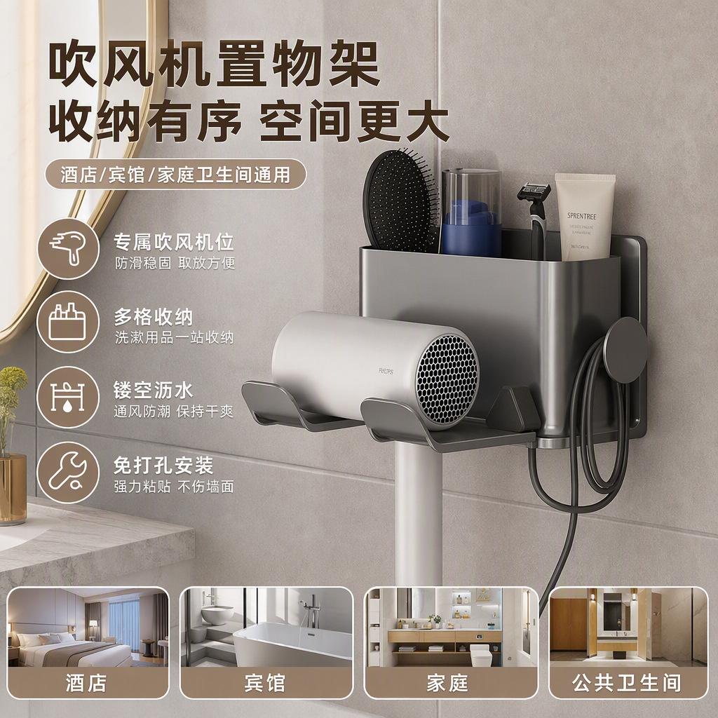 Wall-Mounted Hair Dryer Holder, No-Drill Electric Hair Dryer Stand, Storage Rack for Toiletries, Toothpaste, and Combs