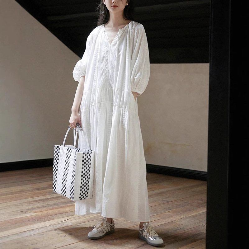 1313 Moonlight White Dress ~ Romantic French Holiday Style Lace Long Dress Women's Loose dress