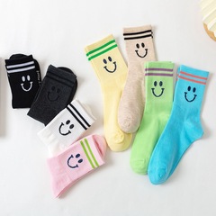 韓國襪子女 二槓笑臉全棉中筒女襪 熒光色運動襪糖果色百搭休閒襪