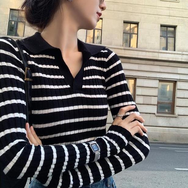Striped Collar Long-Sleeved Sweater for Women Autumn and Winter New Korean Style Slimming Temperament Slim Sweater Top