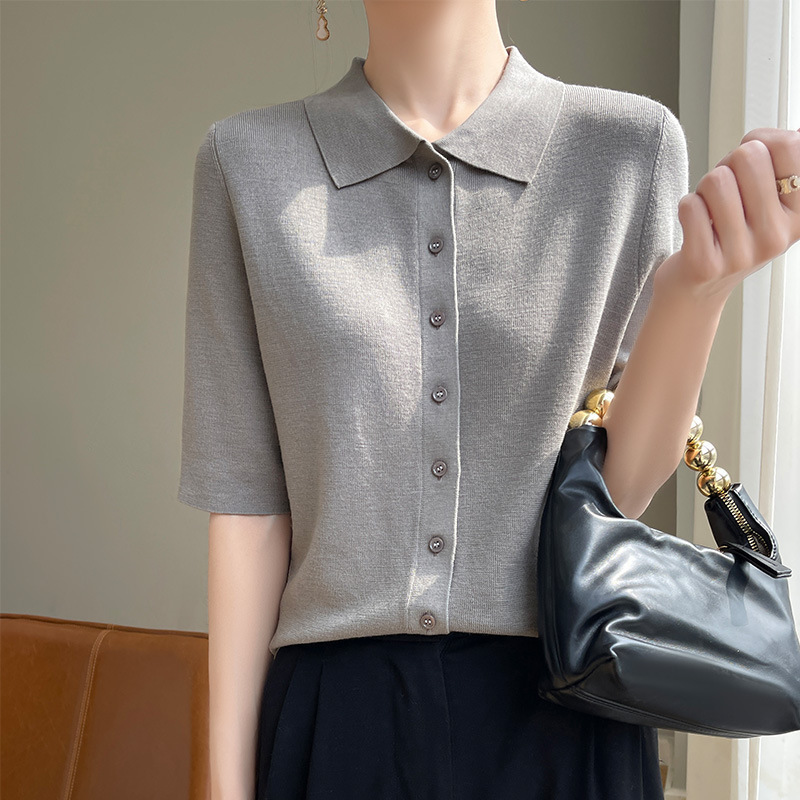 Spring and Summer Merino Superfine Wool Polo Collar Knitted Short-Sleeved Women's Loose Slimming Outerwear Half-Sleeved T-Shirt Cardigan