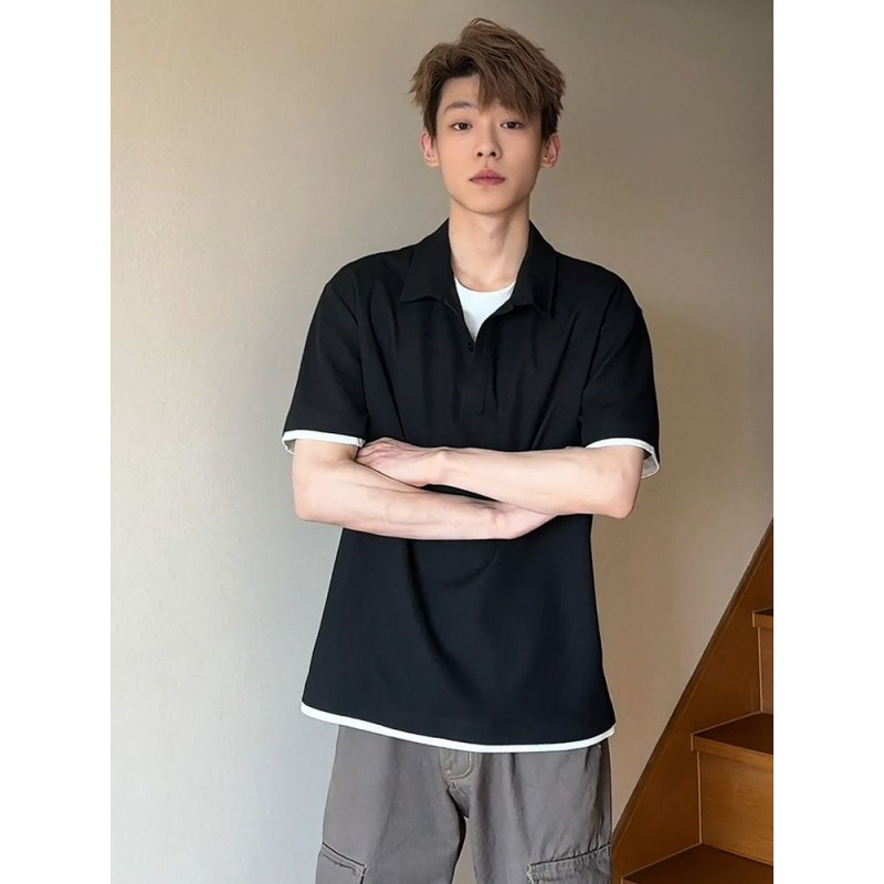 Men's Stylish Two-Piece Look Polo Shirt, High-End Versatile Turn-Down Collar T-Shirt, Summer Sports Casual Color-Block Short Sleeve Men's Stylish Two-Piece Look Polo Shirt, High-End Versatile Turn-Down Collar T-Shirt, Summer Sports Casual Color-Block Short Sleeve