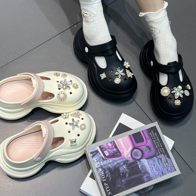 Pearl Rhinestone Hole Shoes Women's Summer Breathable Non-slip Eva Slippers Fashion Trendy Outer Wear Thick Sole Sandals