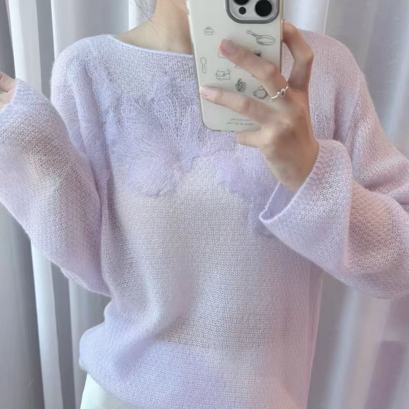 2025 Autumn Flower Spliced ​​Mahima Sweater Top Women's Thin Slightly See-Through Lazy Style Outer Sweater