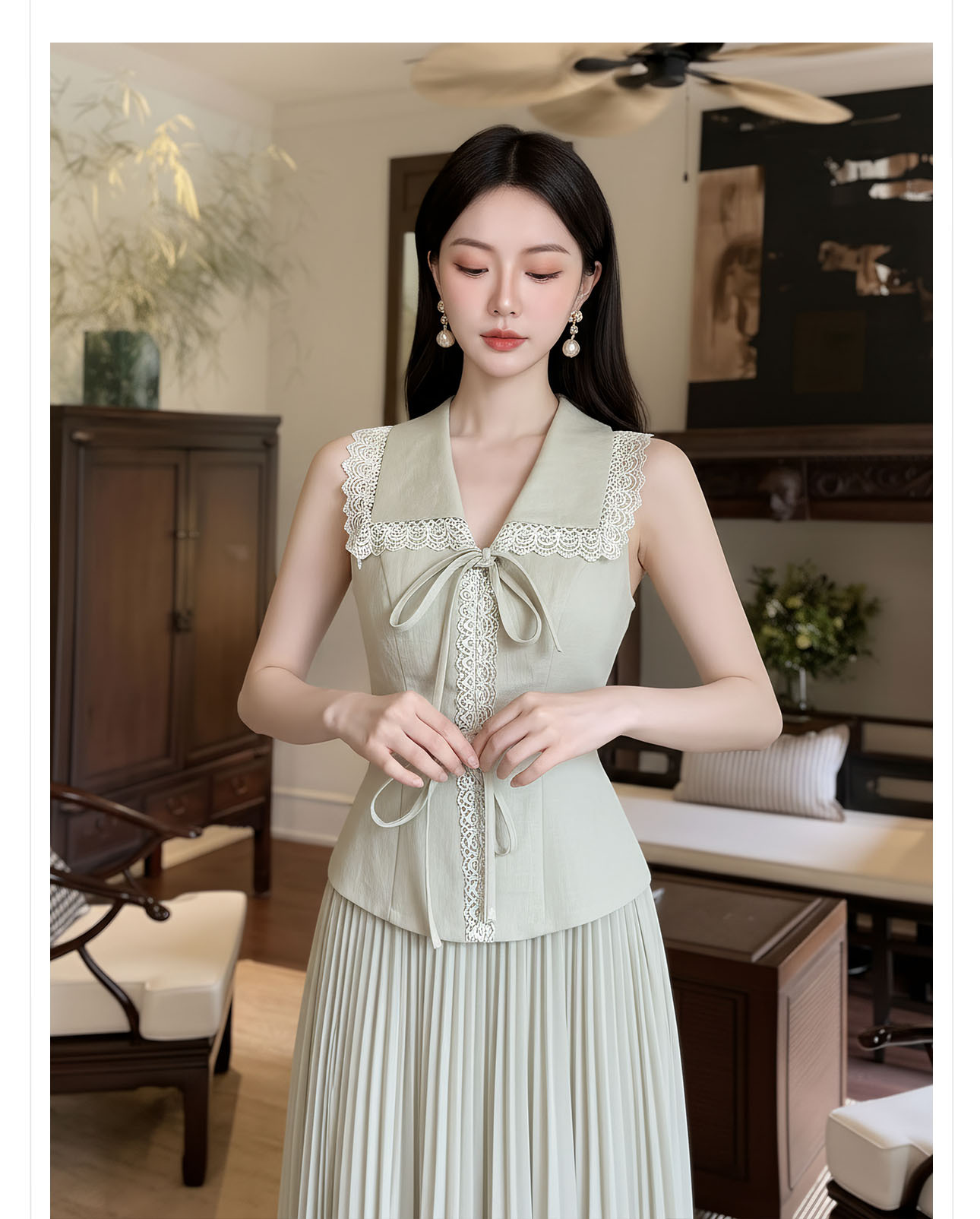 Set áo vest gile và chân váy ren phối ren thêu hoa, eo thon — bộ đồ, nửa váy, Trang chủ chi tiết 4
