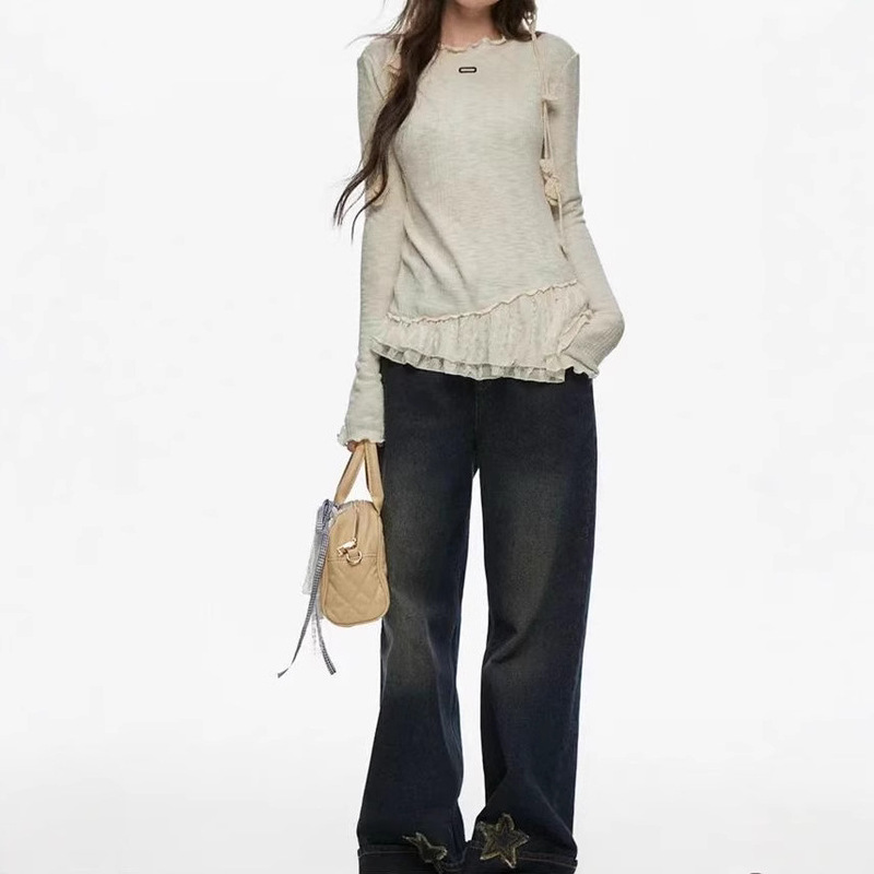 CyNi French Sweet Small Round Neck Slim-Fit Stretch All-Match Vintage Lace Skirt Sweater T-Shirt for Women