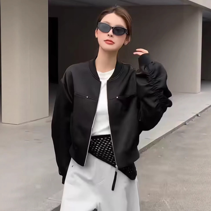 High-End European Satin Stand-Collar Baseball Jacket for Women, 2026 Spring New Style, Loose Fit, Slimming, Age-Reducing Jacket Top