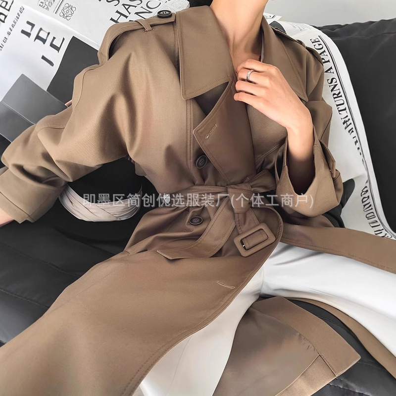 Khaki Long Lace-Up Trench Coat for Women, 2026 New Korean Style, Long-Sleeved, Waist-Cinching, Slimming, Elegant, Commuter Long Coat