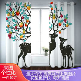创意长果树的麋鹿角新品加厚卧室窗帘来图定做curtains一件代发