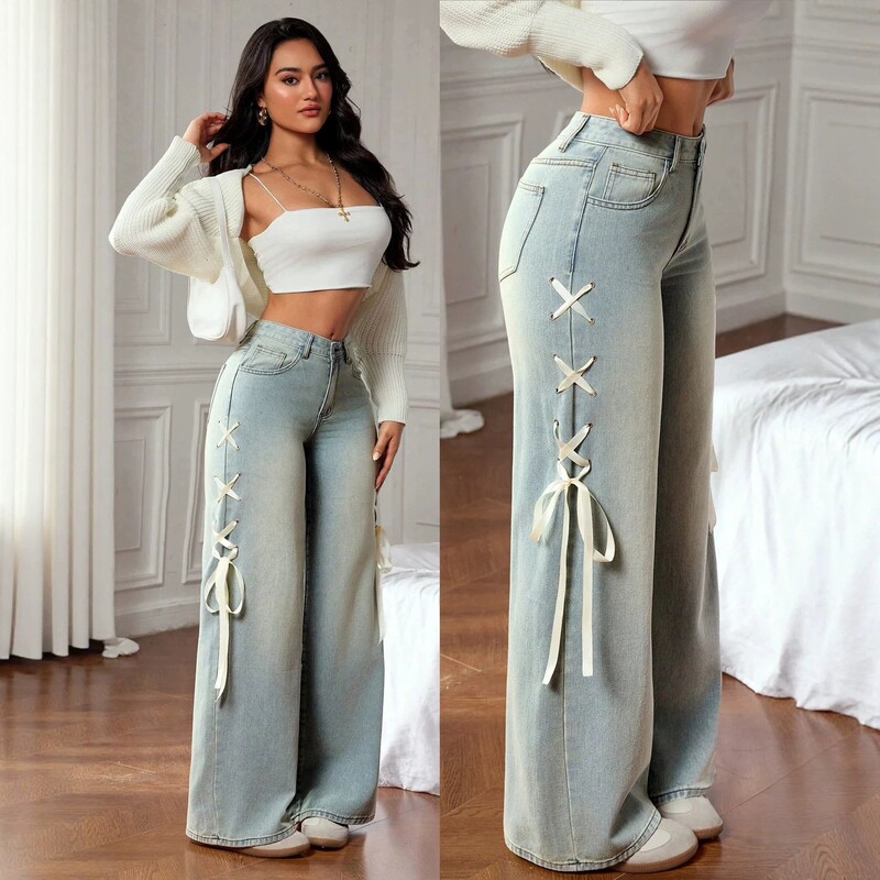 2026 New Style Casual Wide-Leg Jeans, Loose Fit, Standard Size Women's Fashion Denim, with Ribbons on the Side Waist 2026 New Style Casual Wide-Leg Jeans, Loose Fit, Standard Size Women's Fashion Denim, with Ribbons on the Side Waist