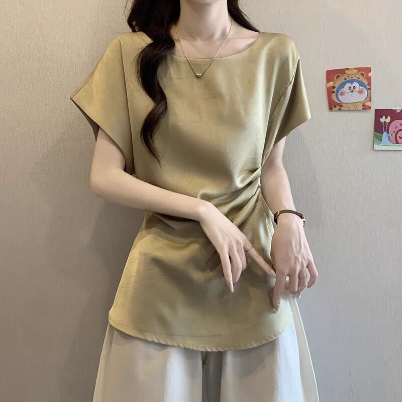 2025 Acetate Short-Sleeve Summer Shirt for Women, New Style with Small Flutter Sleeves, Plus Size Satin Top for Curvy Women