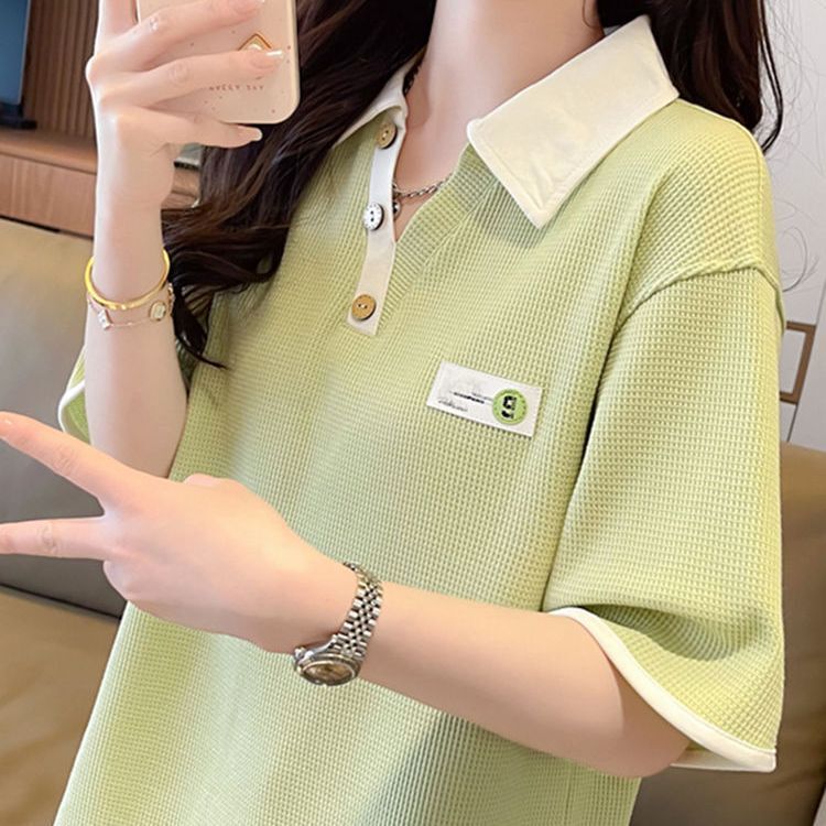 Plus Size Waffle Fake Two-Piece Polo Collar Short-Sleeved T-Shirt for Women 2025 Summer New Korean Style Loose Half-Sleeved Top