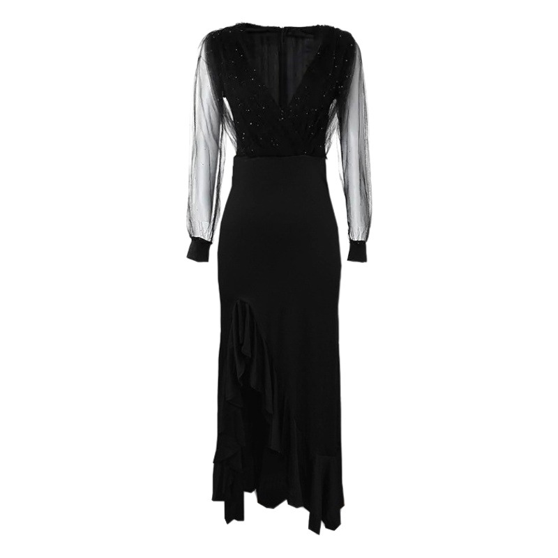 Nuevo vestido de comercio exterior europeo y americano de las mujeres transfronterizas Amazon sexy malla de manga larga con lentejuelas vestido Delgado