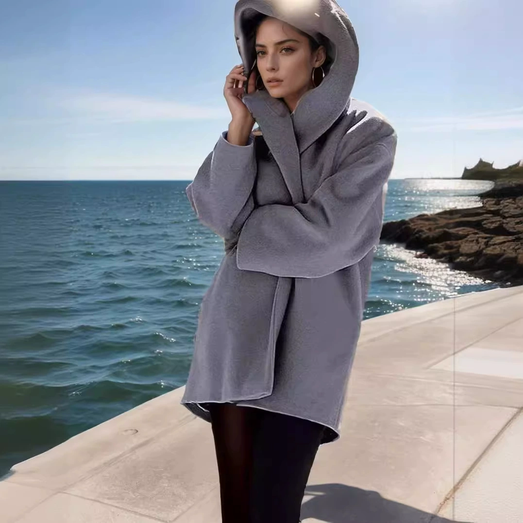 Женское универсальное пальто в европейском стиле для осени и зимы, с круглым вырезом, свободное шерстяное пальто с капюшоном, в европейском и американском стиле, элегантное и подходящее для повседневной носки.