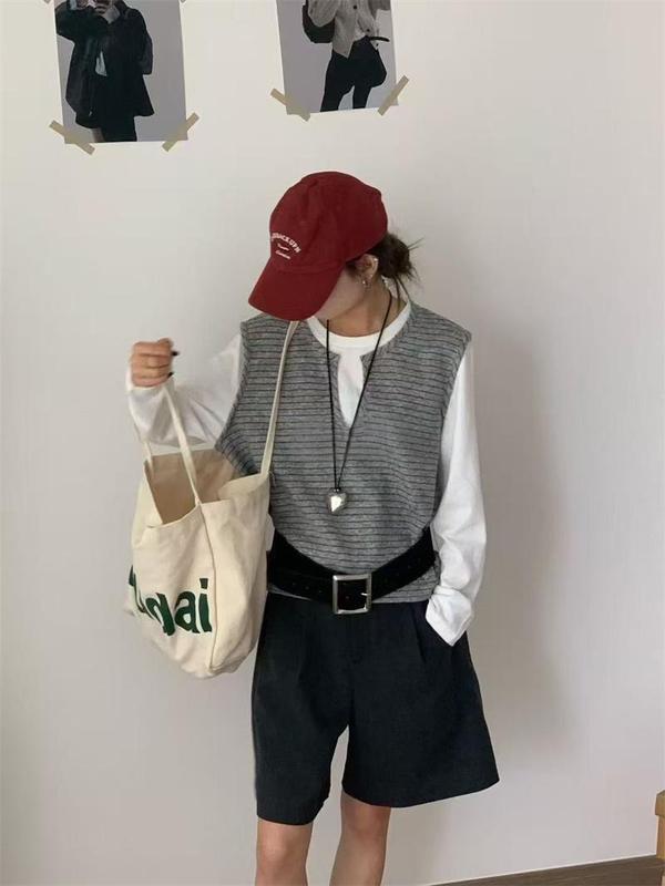 撞色条纹拼接假两件长袖T恤女2025早秋新款洋气宽松圆领百搭上衣|undefined