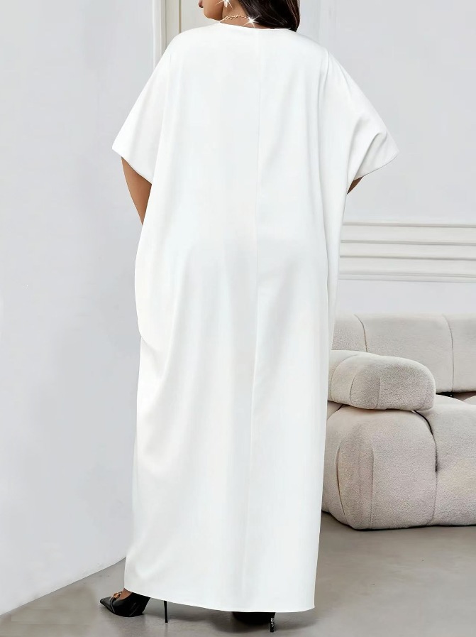 Women's Clothing Elegant V-Neck Long Dress Solid Color Plus Size Loose Fit Robe Fashionable_ecoleips.com