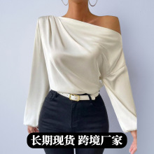 外贸女装欧美风高级感色丁衬衫 秋斜肩设计长袖不对称纯色长衬衣