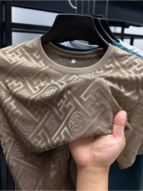 源メーカー丸首男性通気tシャツカジュアルアイス半袖ファッションジャカード薄い夏半袖上着|undefined