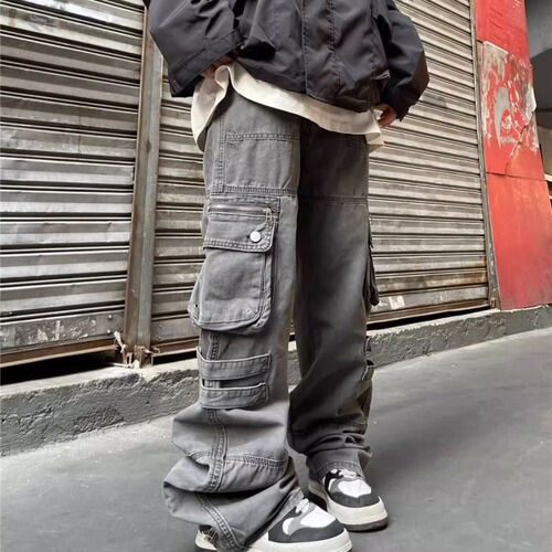 American functional work pants for men, autumn, Instagram trendy brand, straight-leg loose fit, multi-pocket design, stylish casual pants