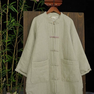 冬款   新中式复古文艺亚麻绗棉立领对襟手工盘扣长款棉服354003