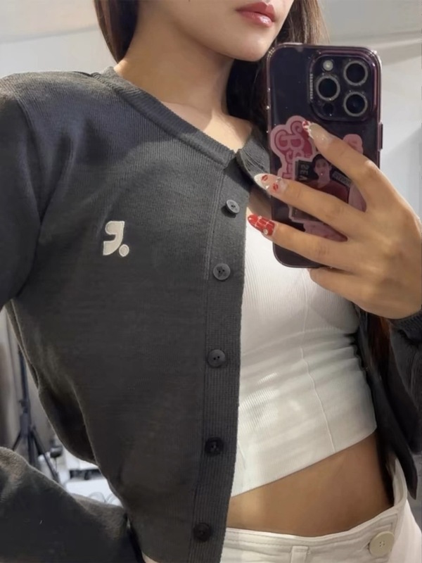 restandrecreation韩国潮牌针织衫短款修身RR刺绣开衫长袖毛衣女|undefined