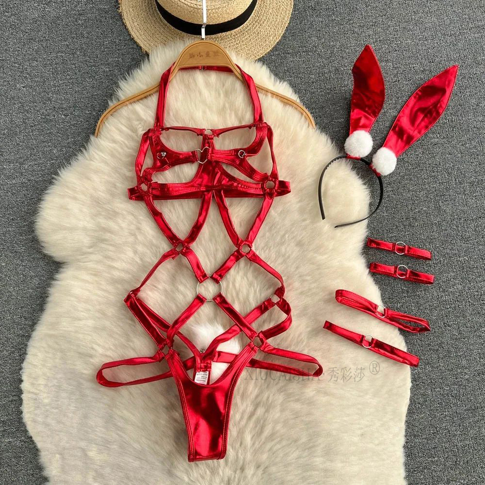 Bunny Girl Lingerie Costume Set with One-Piece, Headpiece, Cuffs and Red Fishnet Stockings — detail image 22