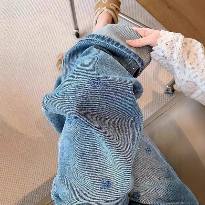 Blue Embroidered Rhinestone Jeans for Women, High-End Style, Spring 2026, Petite, Drapey, Floor-Length Wide-Leg Pants 8209