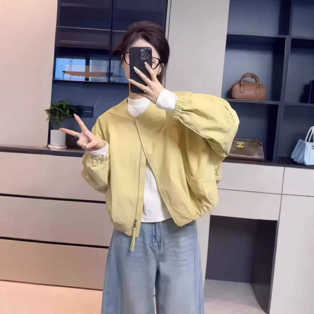 韩版简约圆领纯色短外套女2025春季新款休闲宽松百搭小个子夹克潮