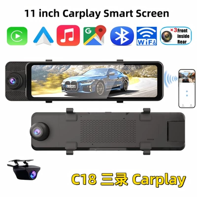 New 11inch HD 4K Bluetooth Wireless Carplay/Android Auto Dual-Lens Dash Cam with WiFi