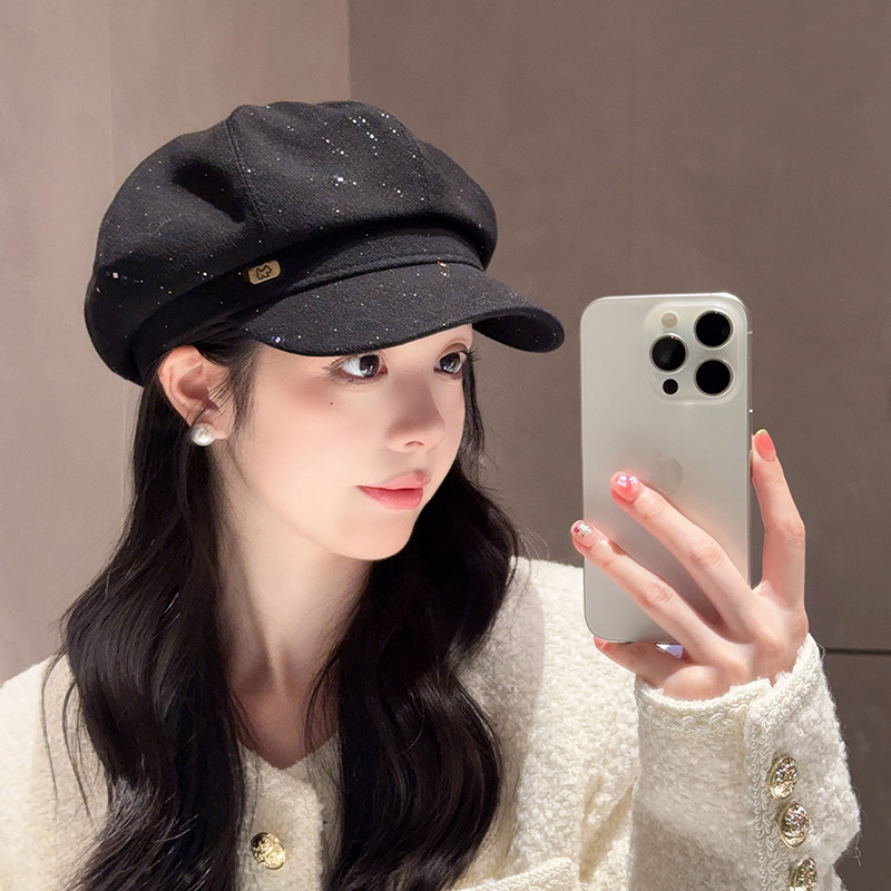 复古pu皮拼接八角帽子女春秋宽檐百搭鸭舌报童帽显脸小贝雷画家帽|undefined