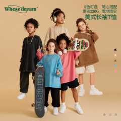 WD Fashion Brand Kids' Clothing | American Retro Heavy Pure Cotton Washed Distressed Long-Sleeve T-Shirt for Children Spring and Autumn Solid Color for Both Boys and Girls