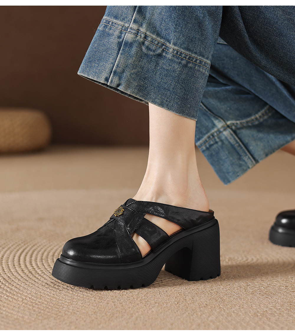Sandal cao gót nữ mũi kín hở mũi đế dày gót thô 9 cm — màu đen, màu trắng ngà chi tiết 21
